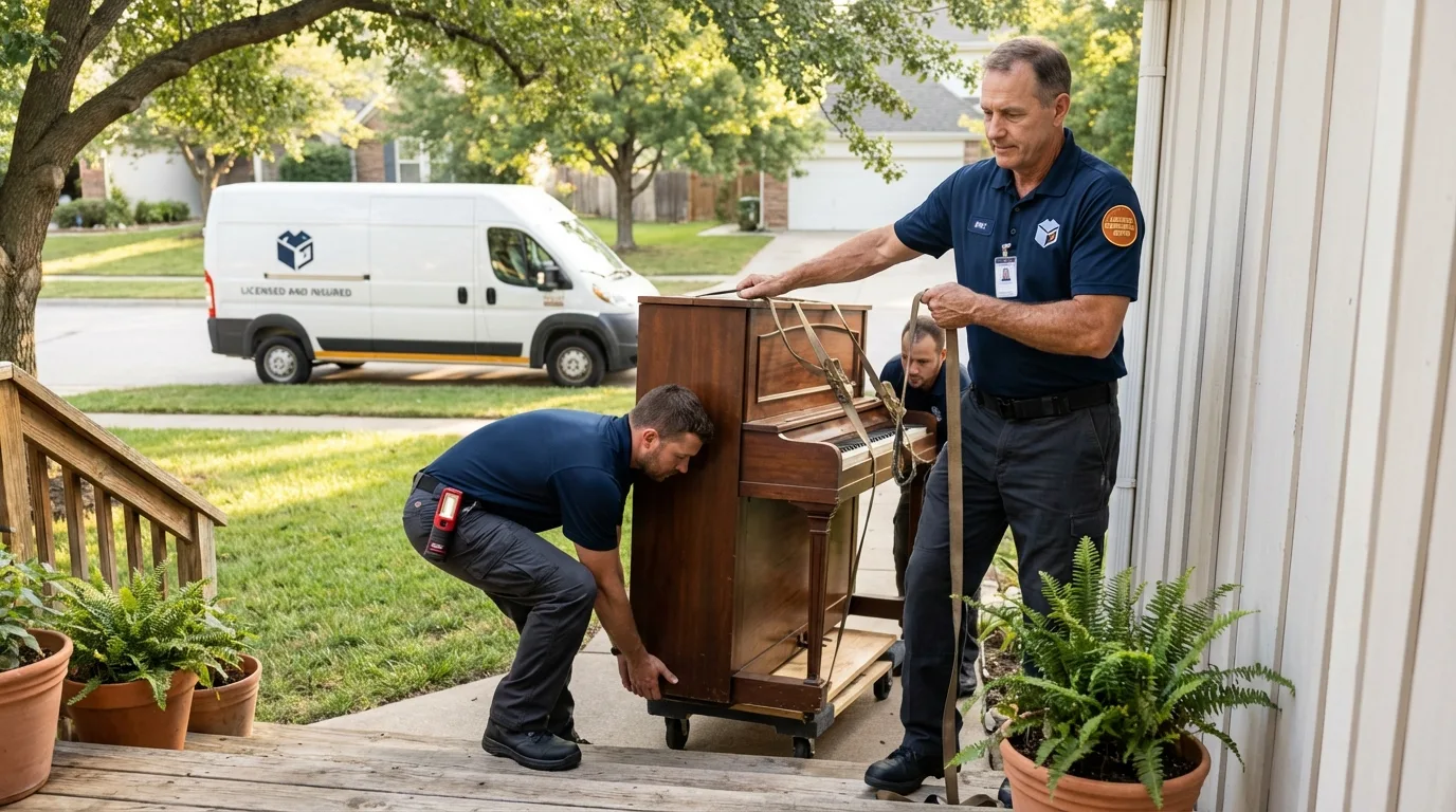 Licensed piano movers securing grand piano in Sylacauga, AL