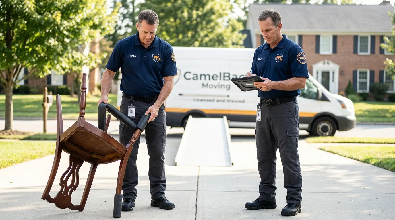 Movers inspecting furniture for damage prevention before loading in Sylacauga, AL