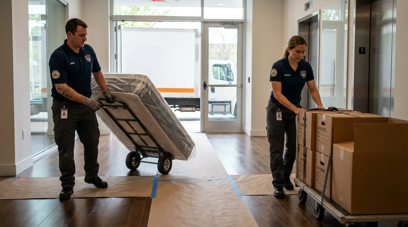 Professional apartment movers loading elevator in Sylacauga, AL